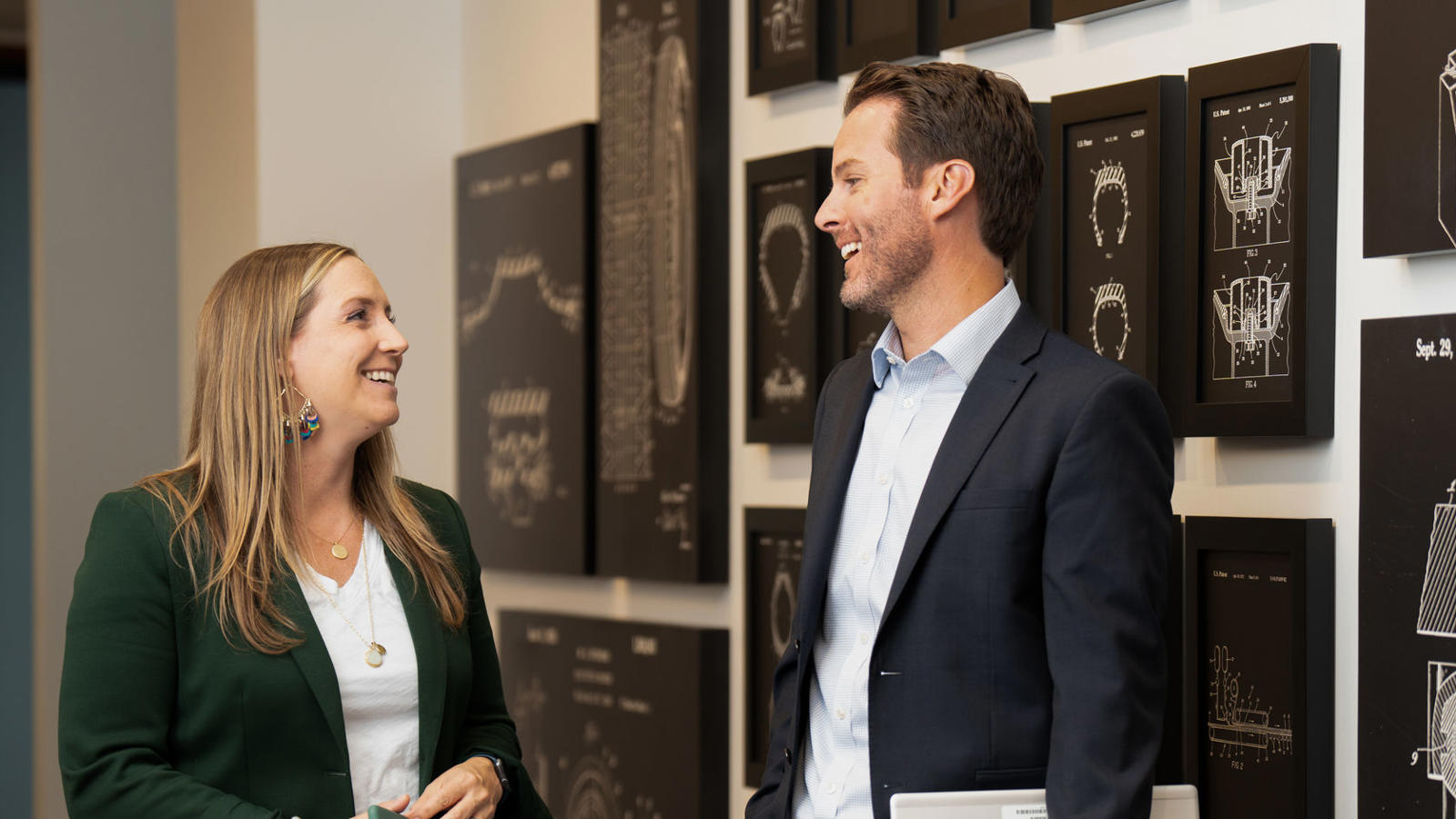 a man and woman looking at each other